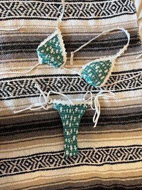 Green Smocked Crochet-Trim Bikini Set